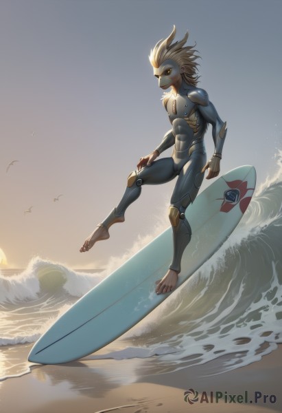 solo,1boy,holding,full body,yellow eyes,male focus,outdoors,sky,barefoot,artist name,water,armor,bodysuit,toes,colored skin,bird,ocean,beach,colored sclera,sunset,sand,blue skin,sun,waves,seagull,surfboard,wetsuit,blonde hair,feathers,cyborg,sunrise,beak