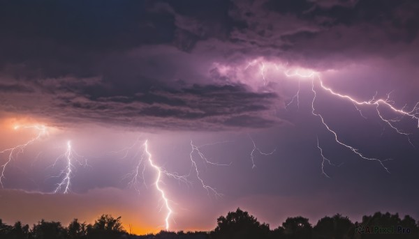 outdoors,sky,cloud,tree,no humans,cloudy sky,nature,scenery,forest,sunset,electricity,lightning