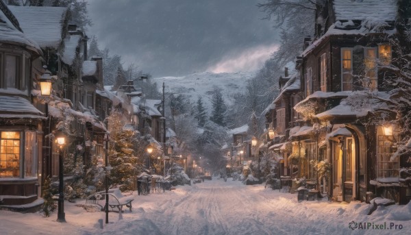 outdoors, sky, cloud, tree, no humans, window, night, building, scenery, snow, snowing, mountain, house, winter, lamppost, bare tree, pine tree