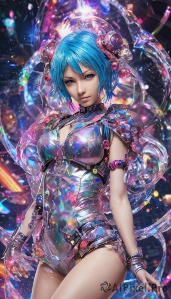 1girl,solo,breasts,looking at viewer,short hair,bangs,blue eyes,hair ornament,gloves,cleavage,jewelry,medium breasts,closed mouth,blue hair,standing,cowboy shot,shorts,nail polish,armor,blurry,bracelet,leotard,lips,fingernails,clothing cutout,watermark,cleavage cutout,armlet,zipper,single glove,science fiction,realistic,nose,arms at sides,fingerless gloves