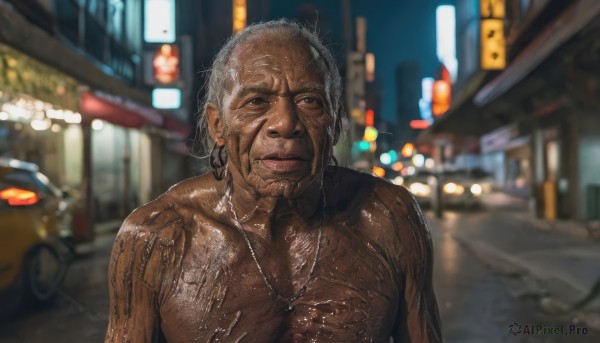 solo,looking at viewer,smile,1boy,jewelry,closed mouth,upper body,grey hair,male focus,earrings,outdoors,tongue,dark skin,tongue out,necklace,blurry,wet,tattoo,night,depth of field,blurry background,facial hair,dark-skinned male,ground vehicle,building,motor vehicle,city,realistic,car,road,old,street,very dark skin,collarbone,white hair,nude,muscular,rain,topless male,old man