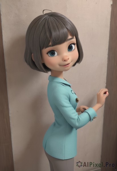 1girl,solo,looking at viewer,smile,short hair,bangs,blue eyes,brown hair,shirt,black hair,long sleeves,closed mouth,standing,ass,ahoge,cowboy shot,looking back,pants,nail polish,from side,lips,bob cut,blue shirt,child,pajamas,female child,breasts,blush,loli,eyelashes,bottomless,no pants