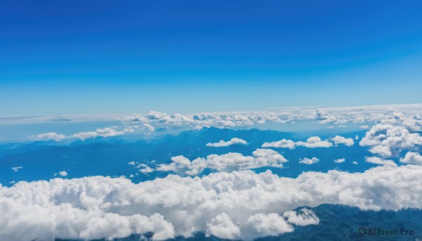 1girl,solo,monochrome,outdoors,sky,day,cloud,water,blue sky,no humans,bird,ocean,cloudy sky,scenery,blue theme,mountain,horizon,landscape,very wide shot,island,above clouds