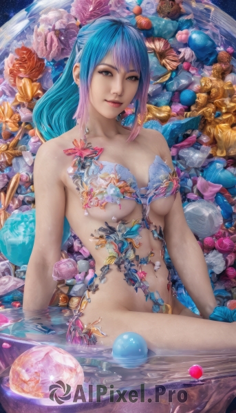 1girl,solo,long hair,breasts,looking at viewer,smile,bangs,blue eyes,navel,brown eyes,jewelry,medium breasts,sitting,blue hair,collarbone,pink hair,purple hair,flower,nude,multicolored hair,earrings,water,two-tone hair,lips,wet,gradient hair,underboob,arm support,gem,convenient censoring,partially submerged,fish,crystal,realistic,shell,seashell,pearl (gemstone),bare shoulders,closed mouth,artist name,petals,makeup,watermark,web address,planet,orb