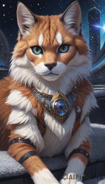 solo,looking at viewer,blue eyes,jewelry,sitting,closed mouth,green eyes,sky,no humans,night,animal,cat,building,gem,star (sky),night sky,armlet,starry sky,animal focus,white fur,fluffy,artist name,necklace,watermark,space