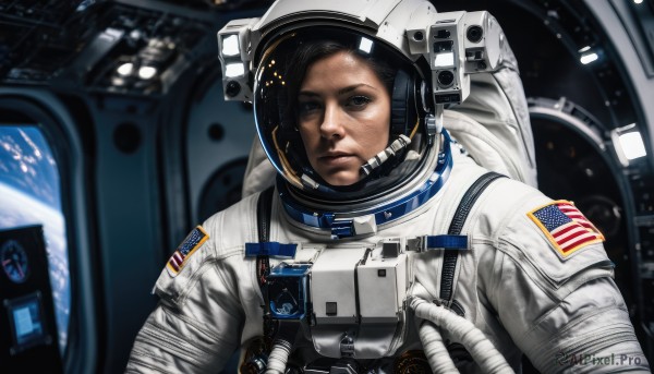 solo,looking at viewer,black hair,1boy,upper body,male focus,black eyes,helmet,reflection,science fiction,realistic,space,planet,earth (planet),american flag,spacesuit,japanese flag,space helmet,astronaut,brown eyes,closed mouth,serious,pilot suit,spacecraft,cockpit,pilot,united states,american flag print