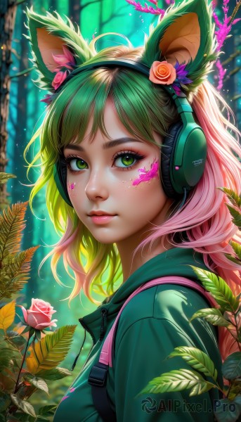 1girl,solo,looking at viewer,short hair,bangs,hair ornament,animal ears,closed mouth,green eyes,jacket,upper body,pink hair,flower,ahoge,multicolored hair,outdoors,parted lips,green hair,artist name,cat ears,signature,hair flower,hood,medium hair,blurry,from side,two-tone hair,tree,lips,eyelashes,hoodie,gradient hair,makeup,depth of field,blurry background,fake animal ears,rose,headphones,leaf,watermark,facial mark,backpack,hood down,plant,lipstick,red flower,nature,web address,pink flower,eyeshadow,forest,freckles,red rose,pink lips,realistic,nose,eyeliner,whisker markings,facepaint,vines,pink rose,mascara,animal ear headphones,deviantart username,long hair,day,bag,cat ear headphones