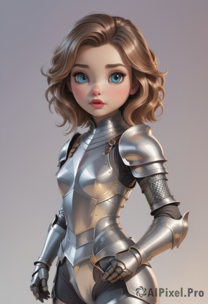 1girl,solo,long hair,breasts,looking at viewer,blush,short hair,blue eyes,simple background,brown hair,standing,cowboy shot,small breasts,parted lips,shiny,medium hair,grey background,armor,lips,gradient,gradient background,makeup,cameltoe,aged down,shoulder armor,gauntlets,child,freckles,pauldrons,breastplate,red lips,female child,faulds,knight,chainmail,plate armor,holding,eyelashes,lipstick,forehead,full armor