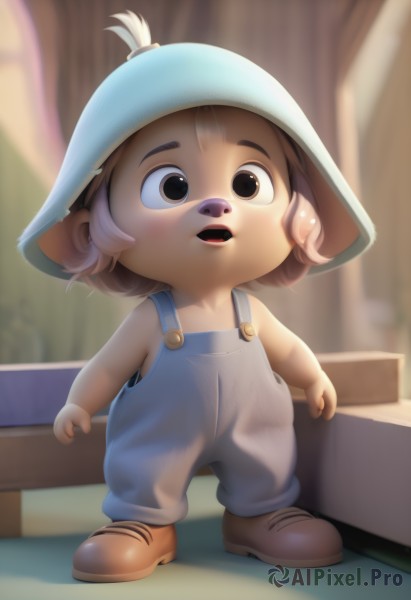 1girl,solo,looking at viewer,smile,short hair,open mouth,brown hair,hat,brown eyes,standing,full body,pink hair,shoes,teeth,indoors,blurry,black eyes,blurry background,brown footwear,child,blue headwear,female child,overalls,animal ears,bare shoulders,flat chest,bare arms,furry,stairs,furry female,naked overalls