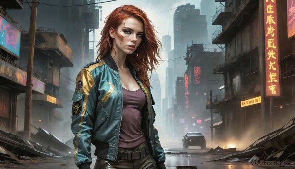 HQ,1girl,solo,long hair,breasts,looking at viewer,blue eyes,brown hair,shirt,long sleeves,cleavage,medium breasts,standing,collarbone,jacket,red hair,cowboy shot,outdoors,parted lips,open clothes,belt,pants,open jacket,lips,scar,black pants,denim,blue jacket,ground vehicle,building,motor vehicle,rain,injury,green jacket,city,sign,realistic,nose,car,road,dirty,street,skyscraper,cyberpunk,small breasts,makeup,cityscape,dirty face,neon lights