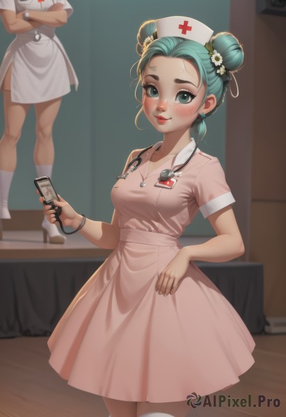 A female surrounded by a captivating wooden floor