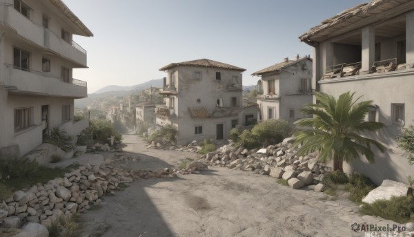 outdoors,sky,day,tree,blue sky,no humans,window,shadow,grass,plant,building,scenery,rock,sand,palm tree,road,bush,wall,house,artist name,beach,stairs,mountain,shade,path,stone