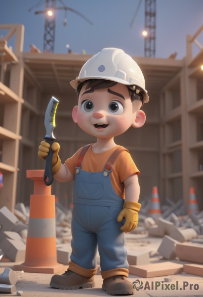 solo,looking at viewer,smile,short hair,open mouth,brown hair,shirt,gloves,1boy,hat,holding,standing,full body,short sleeves,male focus,boots,outdoors,shoes,teeth,blurry,black eyes,blurry background,helmet,child,overalls,male child,hammer,wrench,hardhat,brown eyes,brown footwear,building,baseball cap,brown gloves,yellow gloves