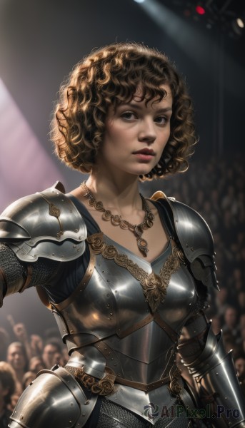 1girl,solo,breasts,looking at viewer,short hair,brown hair,brown eyes,jewelry,upper body,weapon,parted lips,solo focus,dark skin,necklace,armor,blurry,dark-skinned female,lips,blurry background,shoulder armor,gauntlets,curly hair,pauldrons,breastplate,realistic,nose,knight,full armor,crowd,afro,gorget,chainmail,plate armor,boobplate,army,black eyes,sunlight