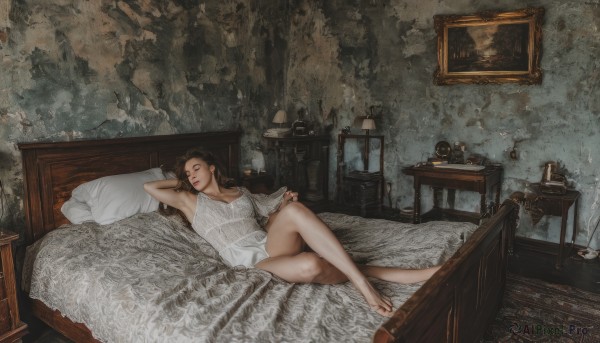 1girl,solo,long hair,breasts,brown hair,dress,closed eyes,lying,barefoot,indoors,on back,armpits,nail polish,white dress,lips,pillow,bare legs,bed,on bed,table,arm behind head,toenails,wooden floor,realistic,lamp,nightgown,picture frame,painting (object),underwear,signature,book,smoke,candle,carpet,candlestand