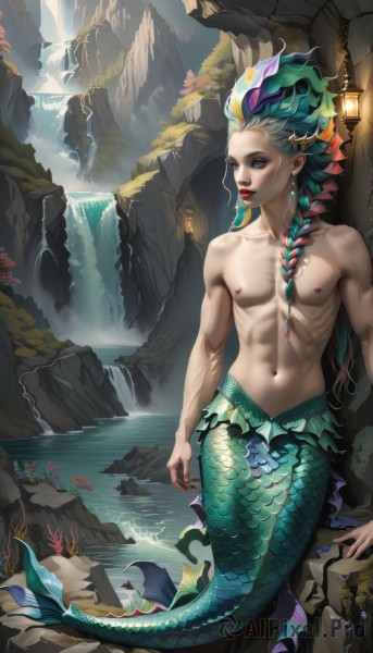 solo,long hair,blue eyes,1boy,navel,jewelry,sitting,nipples,blue hair,collarbone,full body,braid,flower,male focus,multicolored hair,earrings,green hair,pointy ears,water,two-tone hair,lips,single braid,aqua hair,makeup,muscular,piercing,abs,pectorals,lipstick,side braid,fish,toned,topless male,rock,red lips,scales,mermaid,head fins,toned male,waterfall,monster boy,fins,coral,1girl,blush,blonde hair,hair ornament,white hair,outdoors,parted lips,teeth,artist name,watermark,monster girl,genderswap,web address,androgynous,freckles,lantern,shell,cave