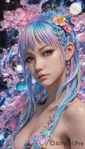 1girl,solo,long hair,breasts,looking at viewer,bangs,blue eyes,large breasts,hair ornament,cleavage,bare shoulders,jewelry,medium breasts,closed mouth,blue hair,collarbone,upper body,pink hair,flower,multicolored hair,earrings,hair flower,necklace,two-tone hair,lips,eyelashes,aqua hair,gradient hair,makeup,expressionless,gem,pink flower,realistic,nose,mascara,pearl (gemstone),water,watermark,planet