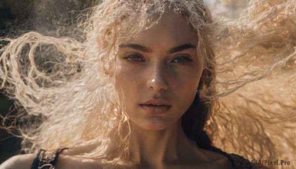 1girl,solo,long hair,looking at viewer,blonde hair,jewelry,collarbone,white hair,earrings,parted lips,dark skin,dark-skinned female,lips,looking to the side,grey eyes,eyelashes,floating hair,looking away,portrait,veil,curly hair,realistic,bare shoulders,brown eyes,wavy hair,thick eyebrows