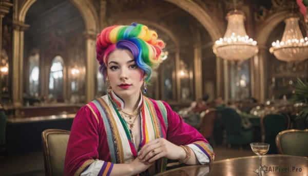 1girl,solo,breasts,looking at viewer,smile,short hair,blonde hair,long sleeves,cleavage,brown eyes,jewelry,medium breasts,sitting,closed mouth,blue hair,upper body,pink hair,purple hair,red hair,multicolored hair,earrings,solo focus,artist name,indoors,signature,necklace,blurry,bracelet,two-tone hair,cup,lips,streaked hair,eyelashes,window,makeup,depth of field,blurry background,chair,piercing,table,ring,own hands together,plant,lipstick,gem,multicolored clothes,alcohol,eyeshadow,drinking glass,personification,realistic,nose,red lips,bangle,mascara,rainbow hair,pov across table,blue eyes,hair ornament,green hair,lamp,chalice