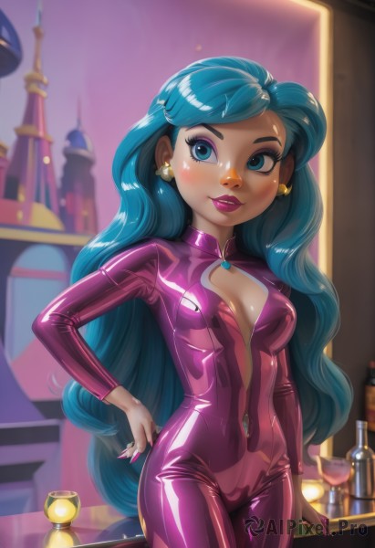 1girl,solo,long hair,breasts,smile,blue eyes,cleavage,jewelry,medium breasts,very long hair,blue hair,cowboy shot,earrings,small breasts,shiny,dark skin,nail polish,blurry,aqua eyes,dark-skinned female,cup,lips,hand on hip,looking to the side,clothing cutout,aqua hair,bodysuit,makeup,blurry background,cleavage cutout,bottle,lipstick,skin tight,pink nails,eyeshadow,drinking glass,shiny clothes,center opening,wine glass,wine bottle,blush,fingernails,piercing,zipper,unzipped,latex,latex bodysuit