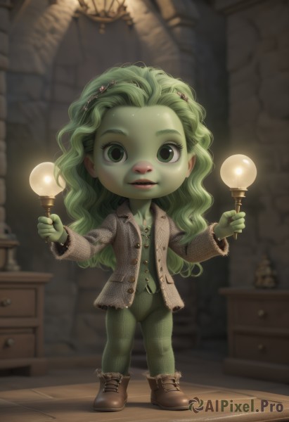 1girl,solo,long hair,looking at viewer,hair ornament,holding,green eyes,standing,jacket,full body,hairband,boots,parted lips,green hair,open clothes,shoes,indoors,blurry,lips,buttons,blurry background,colored skin,child,curly hair,unbuttoned,female child,lamp,green skin,smile,open mouth,shirt,long sleeves,jewelry,teeth,pants,artist name,necklace,chibi,vest,flat chest,open jacket,bodysuit,depth of field,watermark,wavy hair,brown footwear,formal,blazer,suit,monster girl,instrument,web address,realistic,grey jacket,nose,ankle boots,plant girl,green pantyhose