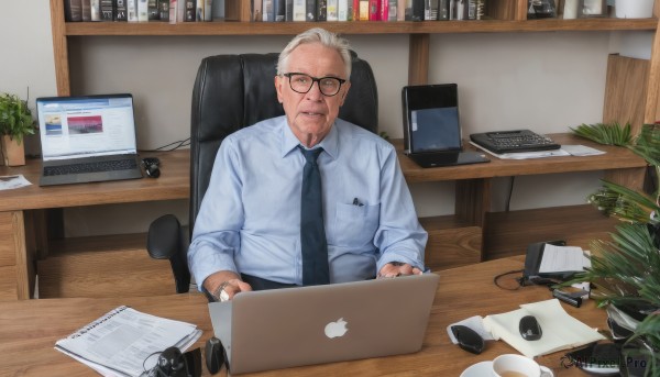 solo,looking at viewer,short hair,shirt,long sleeves,1boy,jewelry,sitting,white shirt,upper body,white hair,grey hair,male focus,necktie,glasses,collared shirt,indoors,cup,book,dress shirt,facial hair,chair,phone,table,ring,cellphone,blue shirt,plant,black necktie,desk,black-framed eyewear,watch,blue necktie,paper,realistic,round eyewear,wristwatch,potted plant,computer,old,monitor,old man,laptop,keyboard (computer),mouse (computer),office,wrinkled skin,headphones,smartphone,beard,mug,bookshelf