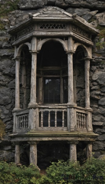 outdoors,day,tree,no humans,window,traditional media,grass,plant,building,nature,scenery,rock,stairs,door,bush,wall,architecture,ruins,pillar,arch,moss,column,stone wall,east asian architecture,shrine,stone