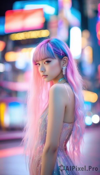 1girl,solo,long hair,looking at viewer,bangs,blue eyes,dress,bare shoulders,jewelry,closed mouth,blue hair,upper body,pink hair,multicolored hair,earrings,sleeveless,choker,artist name,blunt bangs,necklace,blurry,from side,two-tone hair,lips,see-through,makeup,sleeveless dress,depth of field,blurry background,watermark,purple dress,realistic,nose,neon lights,breasts,very long hair,purple hair,small breasts,signature,streaked hair,looking to the side,eyelashes,blue dress,wavy hair,lipstick,web address,eyeshadow,pink lips,backless outfit,backless dress,bokeh,mascara