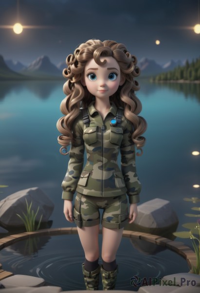 1girl,solo,long hair,looking at viewer,blue eyes,brown hair,long sleeves,closed mouth,standing,jacket,boots,outdoors,sky,shorts,socks,water,blurry,uniform,lips,kneehighs,military,military uniform,night,wavy hair,moon,black socks,night sky,wading,reflection,curly hair,pocket,rock,mountain,arms at sides,sun,breast pocket,camouflage,badge,ripples,green shorts,river,lake,lily pad,pond,camouflage jacket,smile,artist name,feet out of frame,thick eyebrows,grass,messy hair,zipper