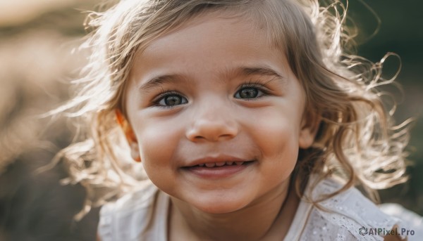 1girl,solo,looking at viewer,smile,open mouth,blonde hair,brown hair,parted lips,teeth,blurry,black eyes,lips,grey eyes,depth of field,blurry background,child,portrait,realistic,long hair,eyelashes,close-up