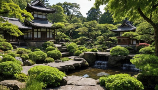 outdoors,day,water,tree,no humans,grass,plant,building,nature,scenery,forest,rock,stairs,bush,architecture,house,bridge,east asian architecture,river,shrine,path,moss,stone,pond,stone lantern,sky,waterfall