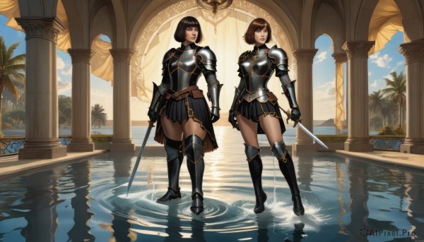 1girl,looking at viewer,short hair,bangs,multiple girls,skirt,brown hair,black hair,holding,2girls,brown eyes,closed mouth,standing,full body,weapon,pantyhose,pleated skirt,boots,outdoors,sky,day,belt,sword,cloud,miniskirt,black skirt,water,holding weapon,armor,high heels,tree,blue sky,lips,holding sword,bob cut,knee boots,shoulder armor,gauntlets,dual persona,reflection,walking,pauldrons,breastplate,palm tree,arms at sides,vambraces,armored boots,greaves,pillar,knight,arch,symmetry,reflective floor,column,reflective water,plate armor,boobplate,open mouth,thighhighs,looking at another,looking to the side,holding hands,dual wielding,ripples,standing on liquid,walking on liquid