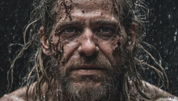 solo,long hair,looking at viewer,blue eyes,blonde hair,1boy,closed mouth,male focus,black eyes,grey eyes,facial hair,portrait,beard,rain,realistic,manly,blurry,scar,messy hair,scar on face,scar across eye,stubble