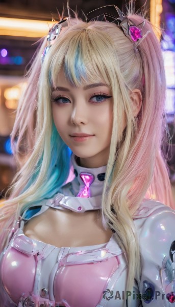 1girl,solo,long hair,breasts,looking at viewer,smile,bangs,blue eyes,blonde hair,hair ornament,cleavage,twintails,medium breasts,closed mouth,upper body,pink hair,multicolored hair,blurry,two-tone hair,lips,clothing cutout,bodysuit,makeup,blurry background,cleavage cutout,realistic,nose,large breasts,blue hair,sidelocks,shiny,artist name,two side up,streaked hair,eyelashes,science fiction