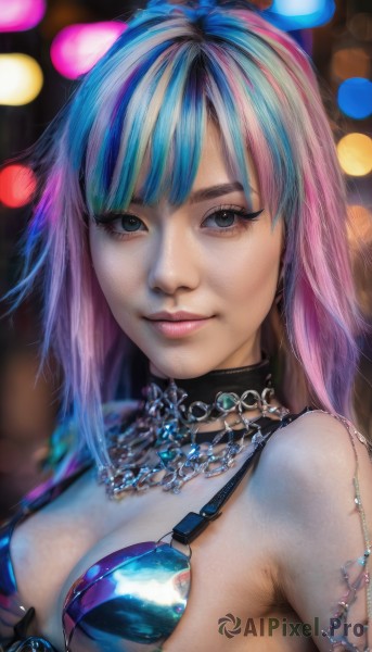 1girl,solo,long hair,breasts,looking at viewer,smile,bangs,blue eyes,cleavage,bare shoulders,jewelry,medium breasts,closed mouth,blue hair,swimsuit,upper body,pink hair,bikini,multicolored hair,choker,armpits,necklace,blurry,black eyes,two-tone hair,lips,grey eyes,eyelashes,makeup,blurry background,gem,blue bikini,realistic,nose,gloves,black gloves,streaked hair