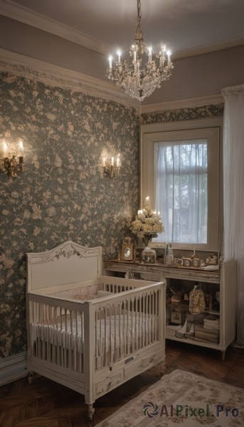 flower,indoors,tree,cup,book,no humans,window,chair,table,bottle,plant,curtains,scenery,wooden floor,door,lamp,candle,vase,carpet,candlestand,rug,cabinet,chandelier,fireplace,1boy,stairs,picture frame,painting (object)