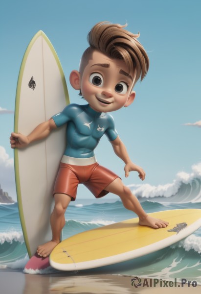 solo,looking at viewer,smile,open mouth,brown hair,1boy,holding,brown eyes,standing,full body,male focus,outdoors,sky,shorts,barefoot,teeth,day,cloud,water,black eyes,blue sky,bodysuit,ocean,beach,blue shirt,child,skin tight,sand,male child,male swimwear,waves,swim trunks,surfboard,wetsuit,short hair,muscular,pectorals