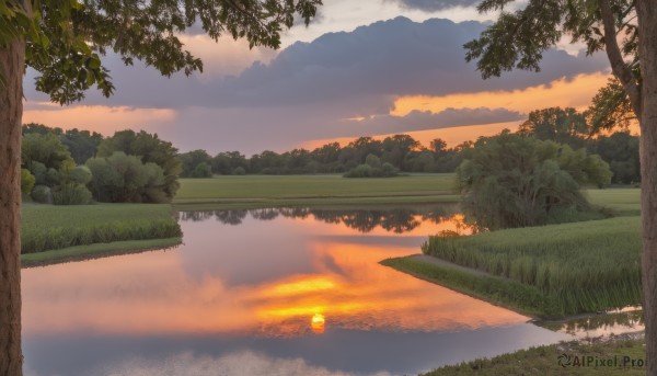 outdoors,sky,cloud,water,tree,no humans,cloudy sky,grass,nature,scenery,forest,reflection,sunset,sun,bush,river,evening,landscape,lake,gradient sky,orange sky,reflective water,sunlight,horizon,road