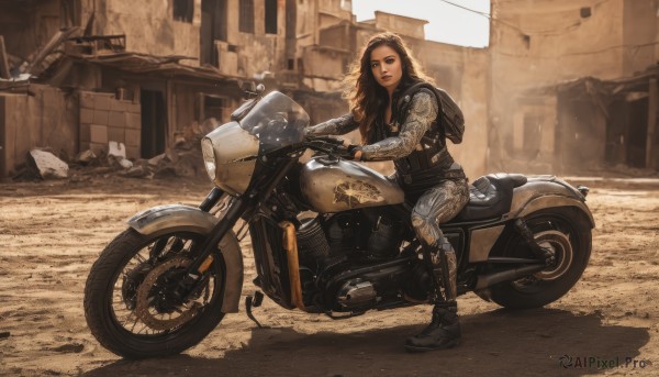 1girl,solo,long hair,looking at viewer,brown hair,black hair,gloves,brown eyes,boots,outdoors,day,black gloves,pants,fingerless gloves,bag,black footwear,vest,lips,gun,bodysuit,tattoo,backpack,knee boots,ground vehicle,building,motor vehicle,science fiction,realistic,road,arm tattoo,leather,motorcycle,jacket,full body,belt,armor,sunlight,denim,jeans,nose,lace-up boots,riding,knee pads,elbow pads,leather jacket,dust,biker clothes,leather boots,belt boots,combat boots,leather pants,on motorcycle