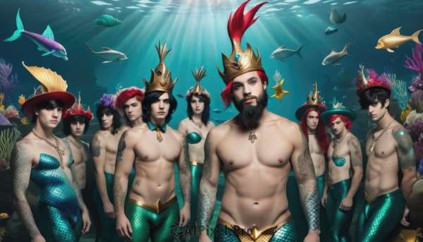 long hair,breasts,looking at viewer,smile,short hair,open mouth,multiple girls,brown hair,black hair,hat,navel,bare shoulders,jewelry,closed mouth,nipples,male focus,red hair,multiple boys,artist name,water,necklace,stomach,looking at another,lips,tattoo,muscular,facial hair,watermark,piercing,abs,sunlight,crown,pectorals,muscular male,bara,web address,beard,fish,large pectorals,6+boys,bubble,toned,bulge,topless male,light rays,mature male,underwater,mustache,arms at sides,scales,5boys,air bubble,nipple piercing,mermaid,bare pectorals,sunbeam,head fins,chest hair,shell,monster boy,pirate hat,starfish,arm hair,coral,mole above mouth,outdoors,day,mole,black eyes,makeup,colored skin,siblings,ocean,animal,helmet,lipstick,monster girl,gem,red headwear,glint,red lips,very short hair,hat feather,toned male,swimming,fins,submerged,turtle,star pasties,fish boy