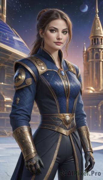 1girl,solo,long hair,breasts,looking at viewer,brown hair,gloves,long sleeves,brown eyes,jewelry,closed mouth,standing,cowboy shot,earrings,outdoors,sky,pants,hair bun,armor,lips,makeup,night,black pants,moon,single hair bun,brooch,gauntlets,building,gem,star (sky),night sky,starry sky,nose,crescent moon,realistic