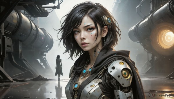 HQ,1girl,solo,breasts,looking at viewer,short hair,black hair,hair ornament,brown eyes,jewelry,standing,upper body,earrings,parted lips,solo focus,hood,necklace,cape,lips,grey eyes,makeup,facial mark,robot,pendant,machinery,science fiction,realistic,nose,mechanical arms,cyborg,single mechanical arm,cyberpunk,bangs,outdoors,artist name,signature,swept bangs,wind,reflection,cable,facepaint,dirty