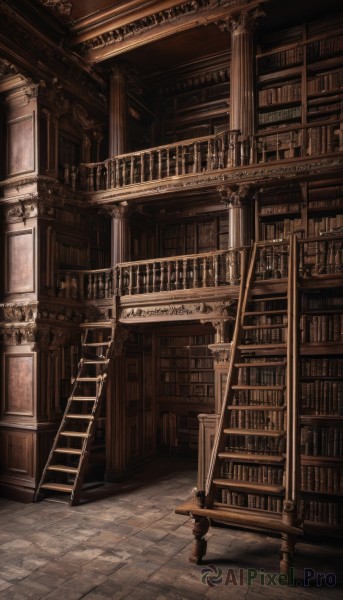 solo,1boy,monochrome,male focus,indoors,book,scenery,stairs,railing,bookshelf,sepia,pillar,library,ladder,brown theme,arch,black hair,standing,1other,fantasy,column