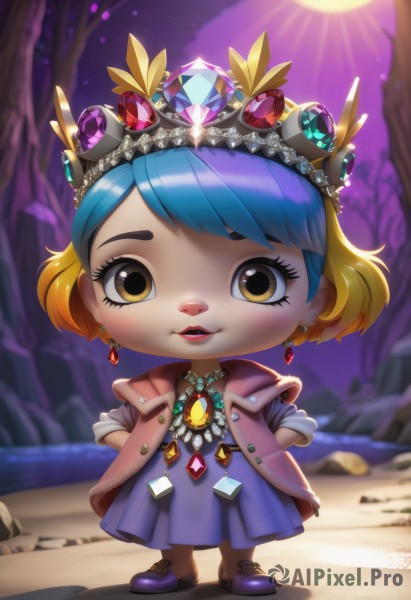 1girl,solo,looking at viewer,smile,short hair,open mouth,bangs,blonde hair,dress,brown eyes,jewelry,blue hair,standing,jacket,full body,yellow eyes,short sleeves,multicolored hair,earrings,outdoors,parted lips,open clothes,shoes,teeth,artist name,signature,necklace,chibi,blurry,two-tone hair,open jacket,tree,lips,eyelashes,gradient hair,makeup,night,blurry background,blue dress,swept bangs,watermark,arms behind back,moon,tiara,crown,lipstick,gem,child,pink dress,web address,purple dress,pendant,sleeves rolled up,freckles,hands on hips,crystal,hands in pockets,female child,purple footwear,blue gemstone,green gemstone,sky,rock,sun