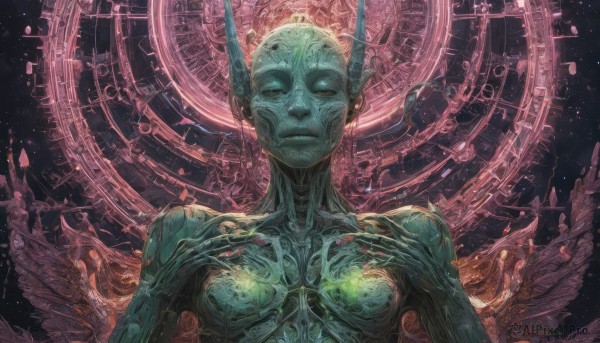 1girl,solo,breasts,closed mouth,closed eyes,upper body,no humans,colored skin,halo,star (sky),facing viewer,science fiction,veins,realistic,space,alien,looking at viewer,half-closed eyes,blue skin,bald,green skin,no pupils