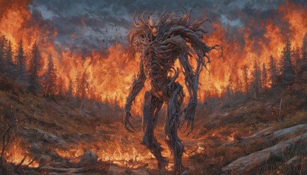 A tranquil fiery outdoors showcasing a monster