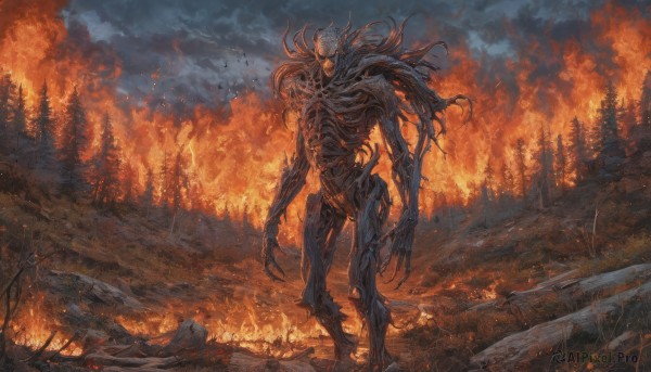 solo,standing,outdoors,sky,cloud,tree,no humans,cloudy sky,fire,nature,scenery,claws,forest,smoke,monster,skeleton,extra arms,demon,embers,burning,horns,glowing,bird,glowing eyes