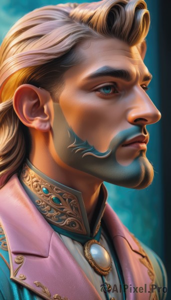 solo,long hair,looking at viewer,blue eyes,blonde hair,shirt,1boy,jewelry,closed mouth,upper body,grey hair,male focus,multicolored hair,shiny,vest,two-tone hair,facial hair,blue background,brooch,gem,portrait,beard,realistic,mustache,jacket,artist name,tattoo,profile