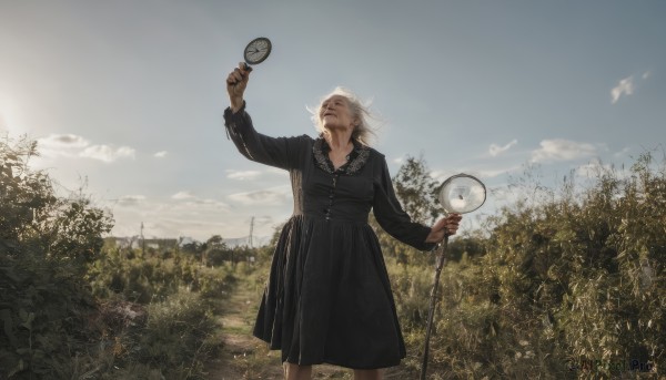 1girl,solo,long hair,long sleeves,dress,holding,jewelry,closed mouth,standing,closed eyes,white hair,outdoors,sky,day,cloud,black dress,arm up,tree,feet out of frame,cloudy sky,nature,scenery,forest,realistic,old,cane,magnifying glass,short hair,blonde hair,grass,looking up,staff