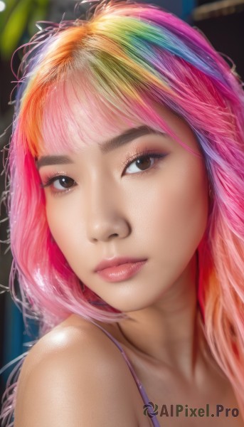 1girl,solo,long hair,looking at viewer,bangs,bare shoulders,brown eyes,closed mouth,collarbone,upper body,pink hair,multicolored hair,blurry,lips,eyelashes,makeup,blurry background,watermark,thick eyebrows,plant,portrait,web address,close-up,realistic,nose,rainbow hair,blonde hair,artist name,orange hair,streaked hair